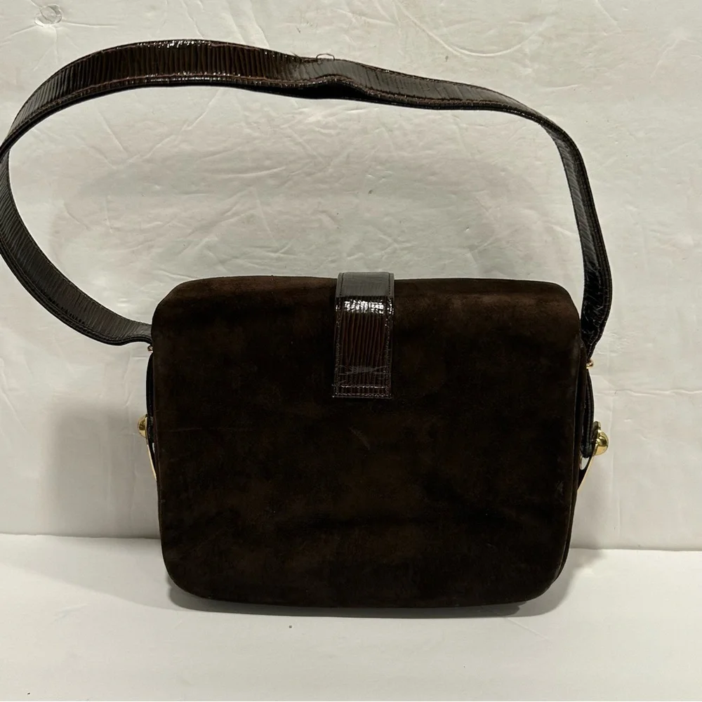 VINTAGE BLOCK Woman’s Handbag Brown Suede Gold accents Shoulder Strap